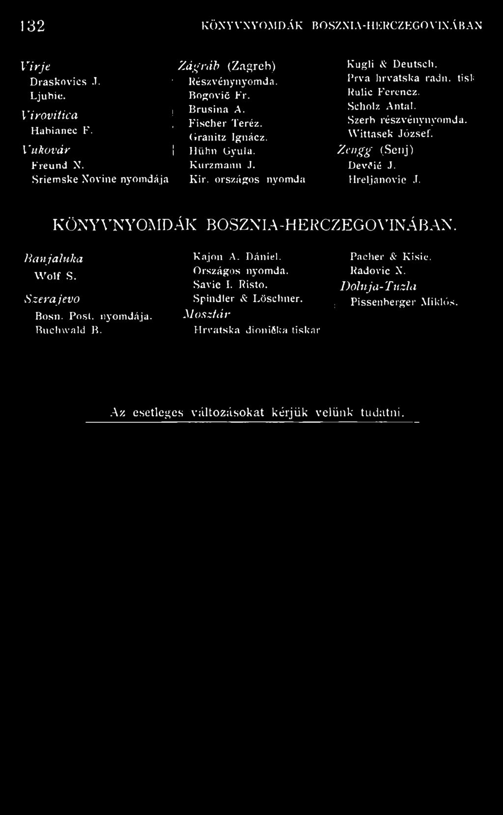 W ittasek József. Zengg (Sen) D evíié J. Hrelanovic J. KÖNYVNYOMDÁK BOSZNIA-HERCZEGOVINÁBAN. Banálulia W olf S. Szeraevő Bosn. Post. nyomdáa. Ruchwald B. Kaon A. Dániel.