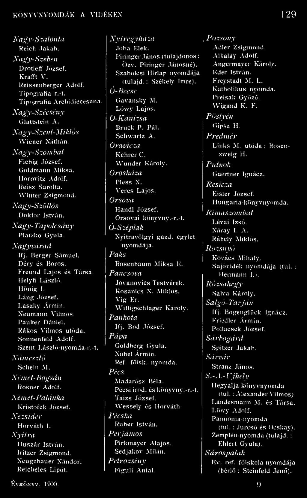 Berger Sámuel. Déry és Boros. Freund Laos és Társa. Helyíi László. Hónig I. Láng József. Laszky Ármin. Neumann Vilmos. Pauker Dániel. Rákos Vilmos utóda. Sonnenfeld Adolf. Szent László-nyomda-r.-t.