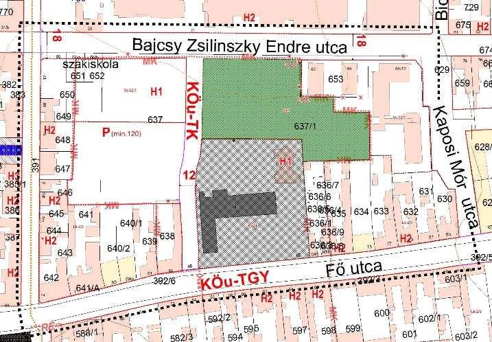 Bajcsy Zsilinszky utca Kaposi Mór utca- Fő utca- Tallián Gyula utca által határolt tömb K17 belterületi tervlap KÉSZ, belterület szabályozási terv és településszerkezeti terv módosítását igényli KMJV