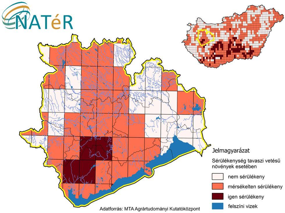 39. ábra: Tavaszi vetésű növények sérülékenysége Az alkalmazott modell alapján megállapítható, hogy aszályveszélyeztetettség szempontjából Veszprém megye országos viszonylatban a nagyon sérülékeny