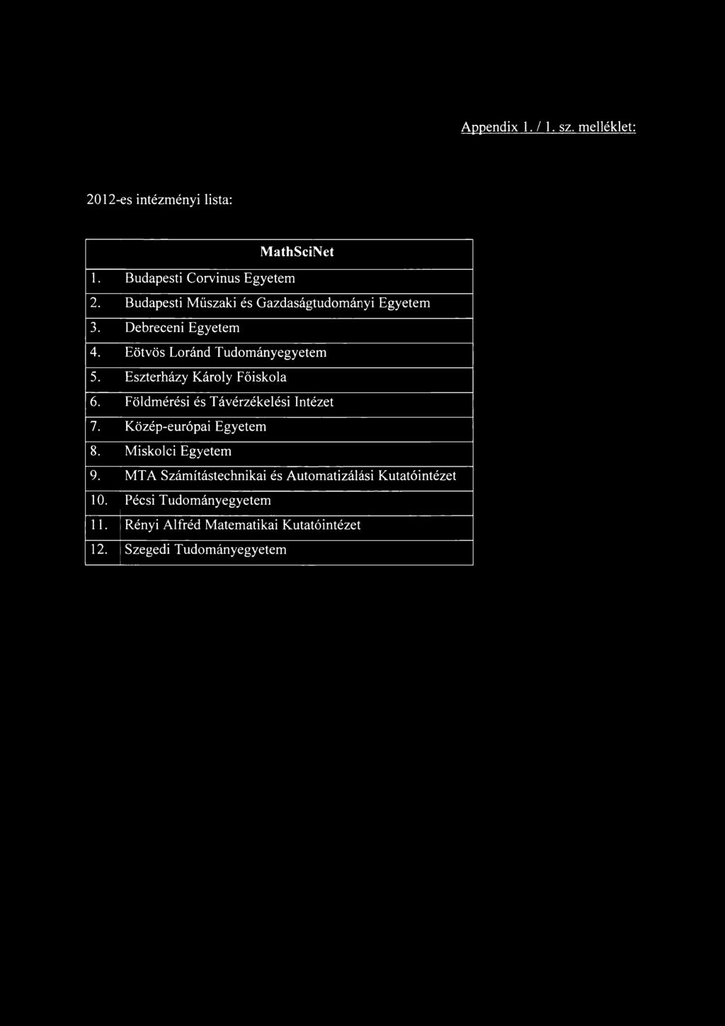 Eszterházy Károly Főiskola 6. Földmérési és Távérzékelési Intézet 7. Közép-európai Egyetem 8. M iskolci Egyetem 9.