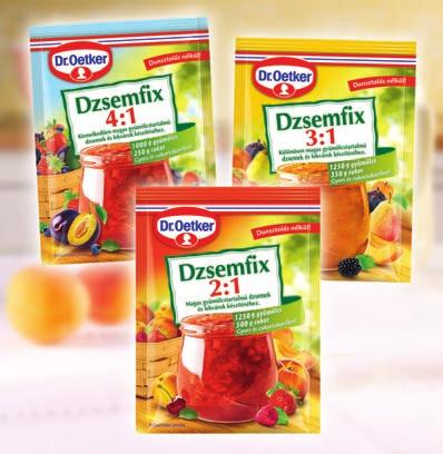 Oetker Dzsemfix 4:1 a leginkább cukortakarékos változat, használatával a cukor mennyiségét negyedére csökkenthetjük (1000 g gyümölcshöz 250 g cukor hozzáadása elegendő), kiemeli a gyümölcs eredeti