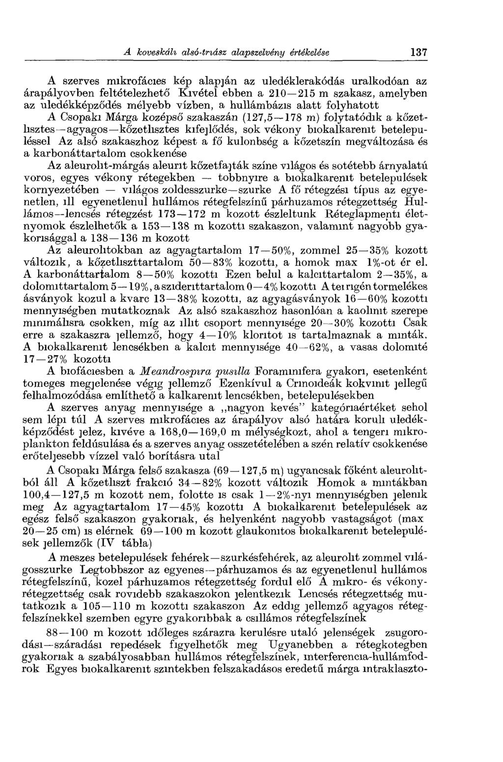A szerves mikrofácies kép alapján az uledéklerakódás uralkodóan az árapály övben feltételezhető Kivétel ebben a 210 215 m szakasz, amelyben az uledékképződés mélyebb vízben, a hullámbázis alatt