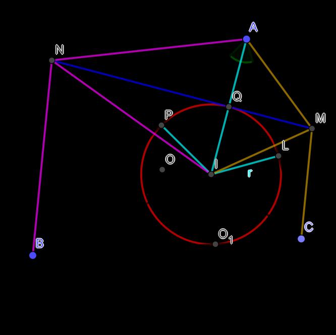 Bizoyítás: Dávid Géza, Székelyudvarhely Jelöljük I -vel a háromszögbe írt kör középpotját. A BI szögfelező a köré írt kört az M -be, a CI szögfelező pedig az N -be metszi. Először lássuk be, hogy és.