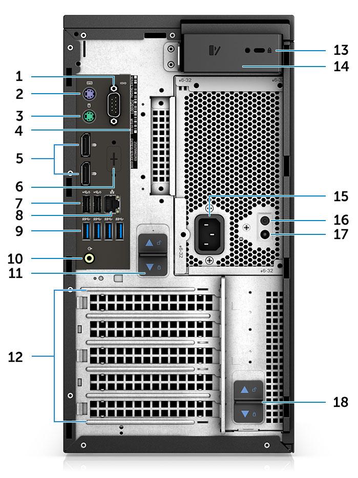 Hátulnézet 1 Soros port 2 PS2 port (billentyűzet) 3 PS2 port (egér) 4 Service Tag 5 2 db DisplayPort-csatlakozó 6 Tartóelem opcionális VGA-, DP-, HDMI-, Type - bővítőkártyákhoz 7 Két USB 2.