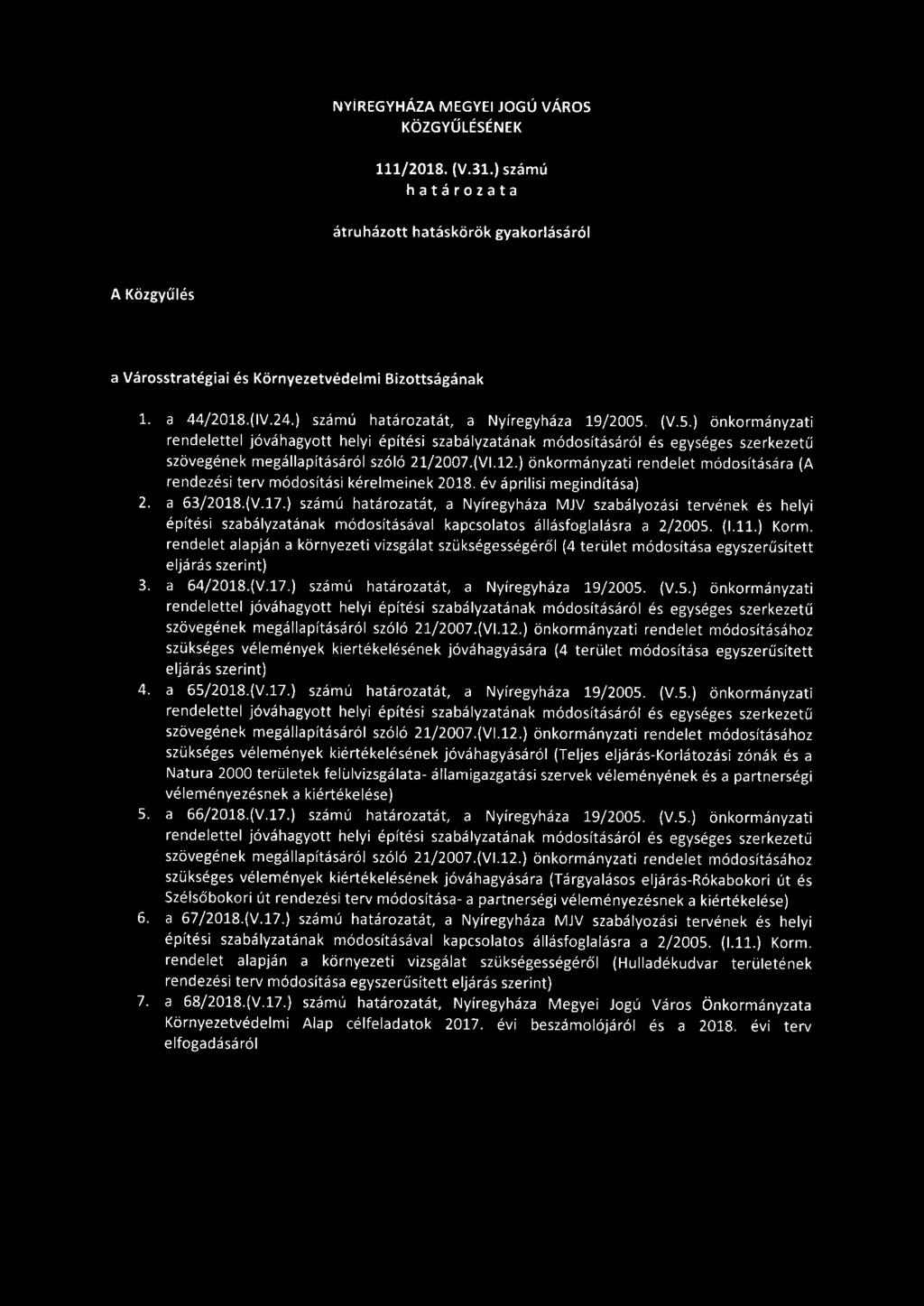 év áprilisi megindítása) 2. a 63/2018.(V.17.) számú határozatát, a Nyíregyháza MJV szabályozási tervének és helyi építési szabályzatának módosításával kapcsolatos állásfoglalásra a 2/2005. (1.11.