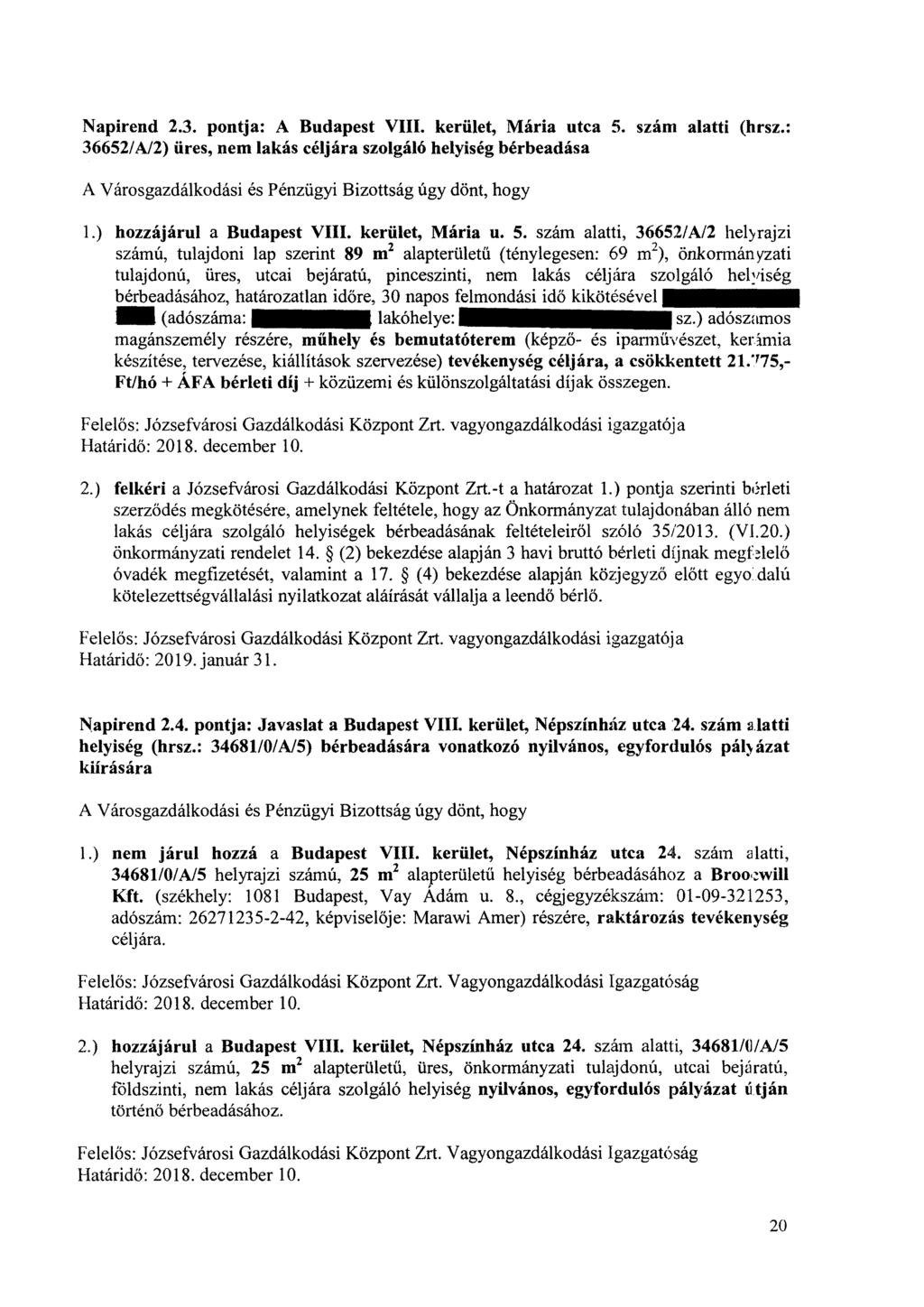 Napirend 2.3. pontja: A Budapest VIII. kerület, Mária utca 5. szám alatti (hrsz.