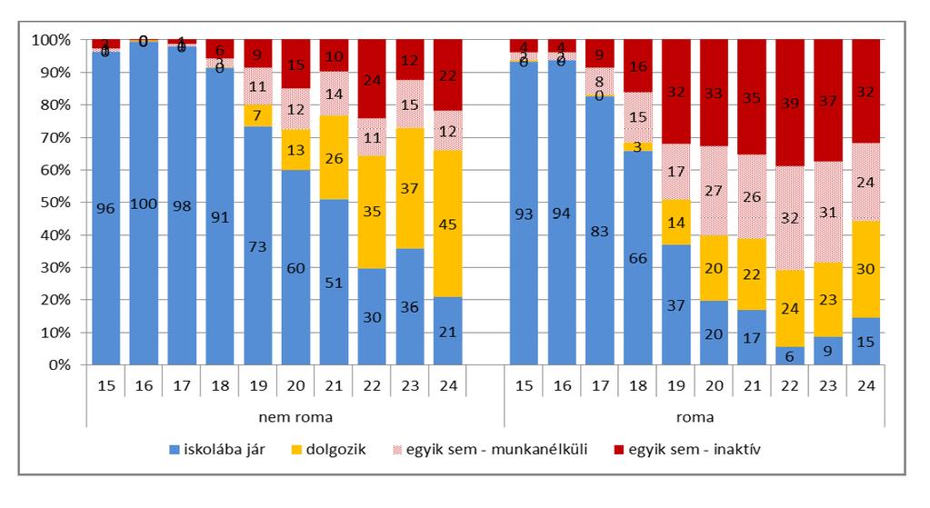 Hátrányos helyzetű gyerekek oktatási esélyei Magyarországon Iskolába járás és foglalkoztatottság megoszlása a 15-24 éves fiatalok körében a hátrányos helyzetű