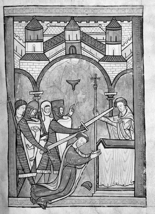 Bozóky Edina 5. kép. Thomas Becket meggyilkolása egy 13. századi kéziratból vesztettség oka, az elmezavar miatt erőszakosan fellépő király, a hadi sikerek elmúlása, végül pedig a lándzsa elvesztése.