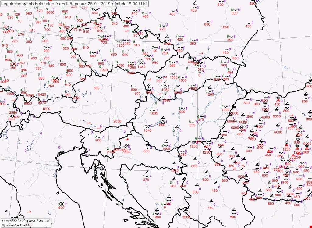 SYNOP adatokból származó felhőalap adatok Alacsonyszintű