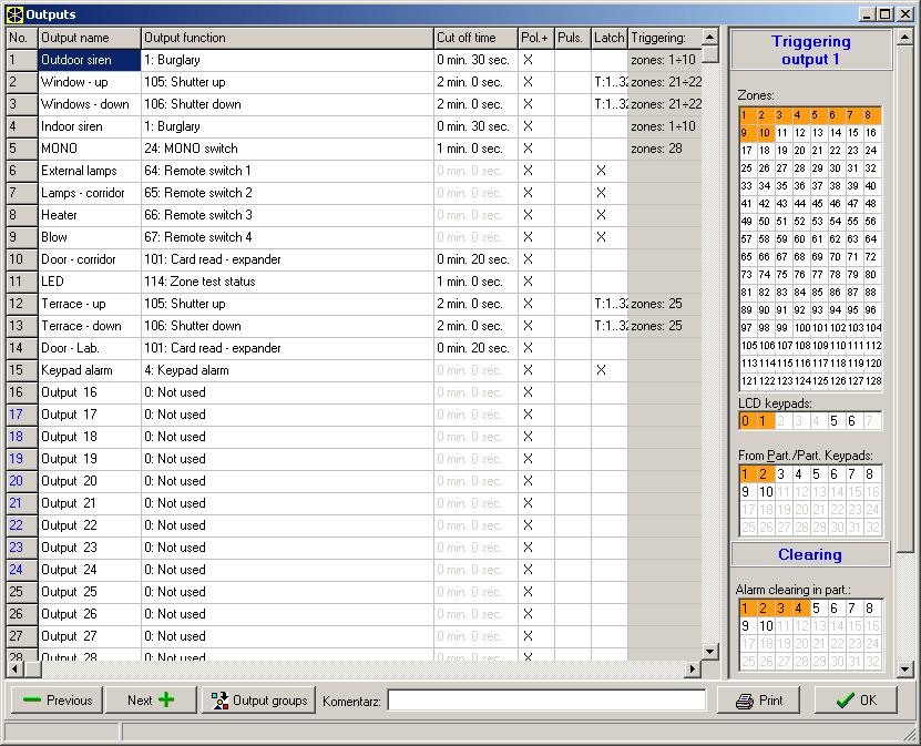 INTEGRA Programozás 65 12. ábra. Kimenetek részletes beállítása. 7.4.1 Paraméterek Kimenet neve a kimenet egyedi elnevezése (max. 16 karakter).