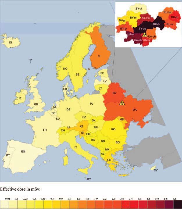 Csernobil európai hatása Átlagos effektív dózisok az európai országokban Csernobiltól 1986-2005 Az atomtámadások, a légköri atomrobbantások és az atomerőművi balesetek radioaktív kibocsátásai -A