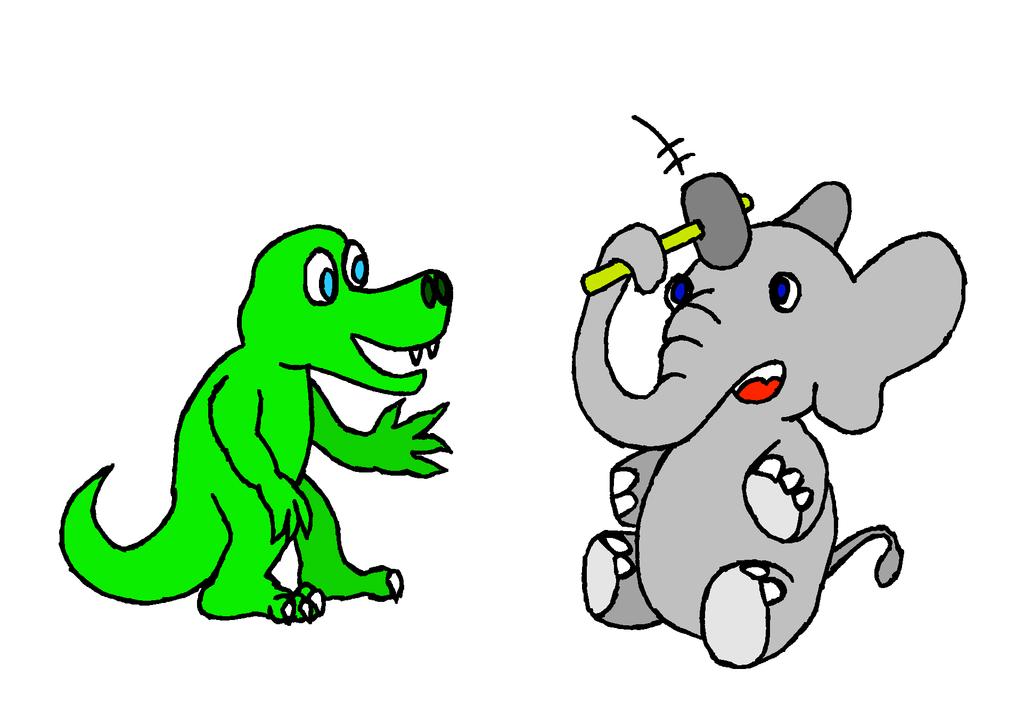 Íme egy elefánt és egy krokodil. Vajon az elefánt veri őt?