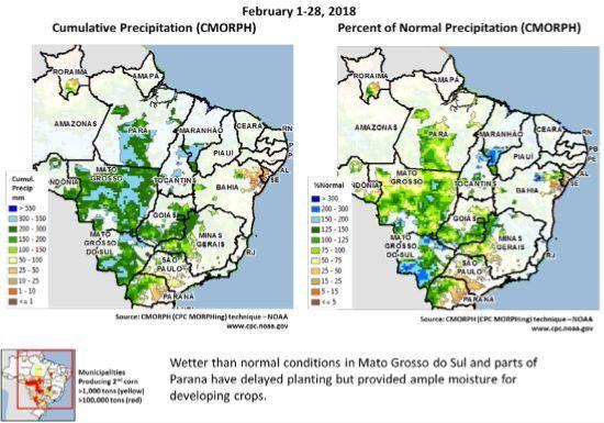 Brazília 2017/18 év kukorica termelését 94,5 millió metrikus tonnára (mmt) becsülték, mely 1%-al csökkent a múlt hónaphoz képest és 4%-al csökkent a múlt évi rekord termeléshez képest.