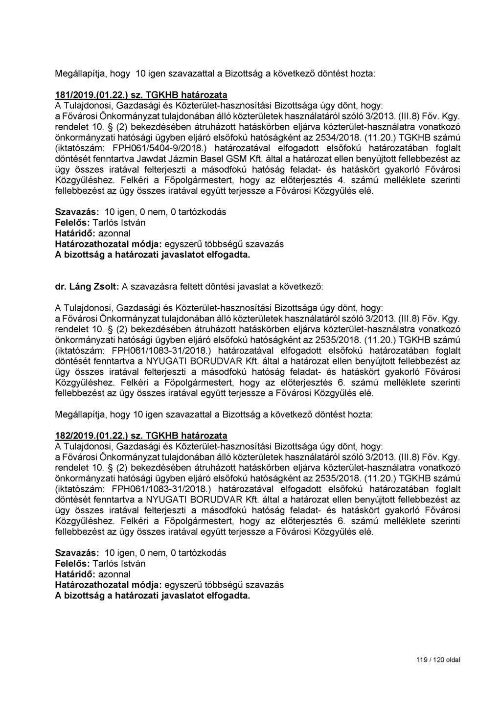 Megállapítja, hogy 10 igen szavazattal a Bizottság a következő döntést 181/2019.(01.22.) sz. TGKHB határozata a Fővárosi Önkormányzat tulajdonában álló közterületek használatáról szóló 3/2013. (III.