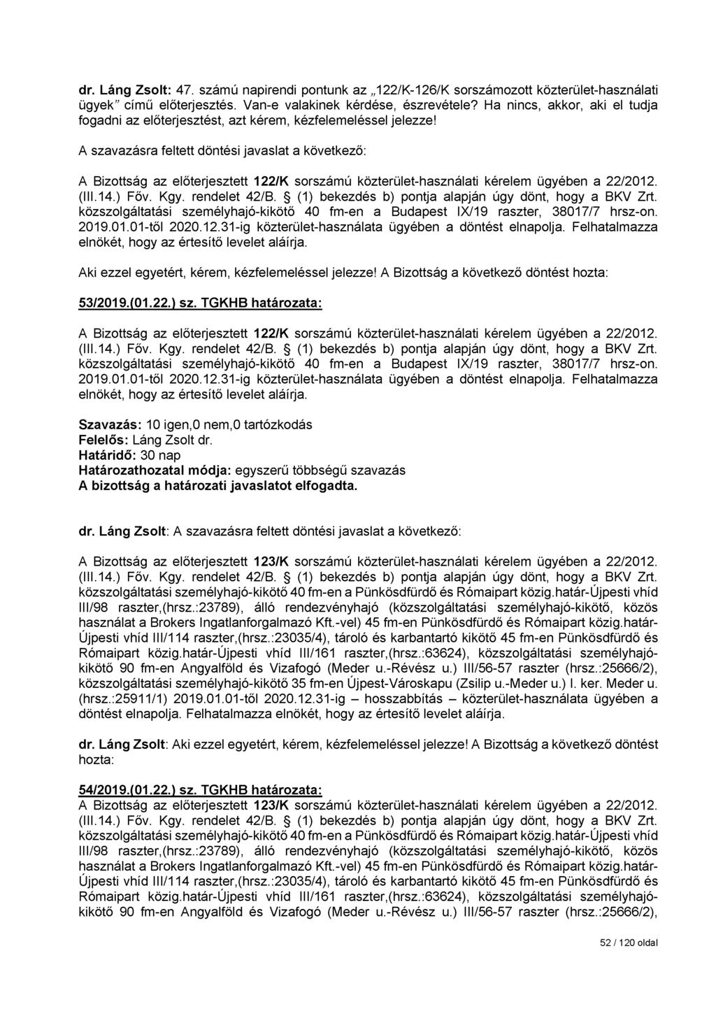 dr. Láng Zsolt: 47. számú napirendi pontunk az 122/K-126/K sorszámozott közterület-használati ügyek című előterjesztés. Van-e valakinek kérdése, észrevétele?