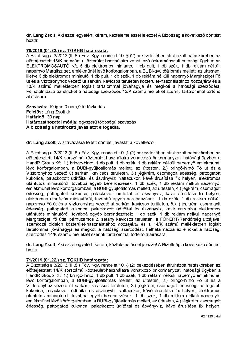 70/2019.(01.22.) sz. TGKHB határozata: előterjesztett 13/K sorszámú közterület-használatra vonatkozó önkormányzati hatósági ügyben az ELEKTROMOSAUTÓ Kft.