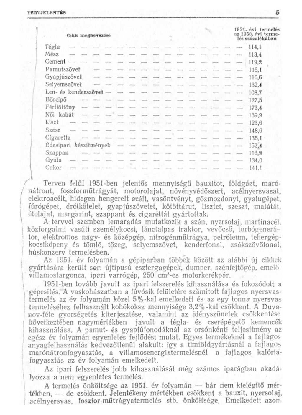 Ci_ m e n é s e 1951. évi termelés Tégla 114,1 Mész U3,4 Cement 119,2 Pamutszövet \ 16,1 Gyapjúszövel _ _. _. _ 116,6 Selyemszövet _.