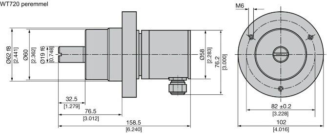 360 g Megengedett statikus tengely terhelés: WT720 Standard WT720 adapter peremmel 80 N radiális 120 N radiális 40 N tengelyirányú 40 N tengelyirányú Beépítési pontatlanság: ±0.