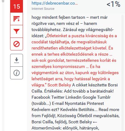 A találati indexszámra kattintva lebegő ablakban megjelenik a külső forrás szövege. 2.