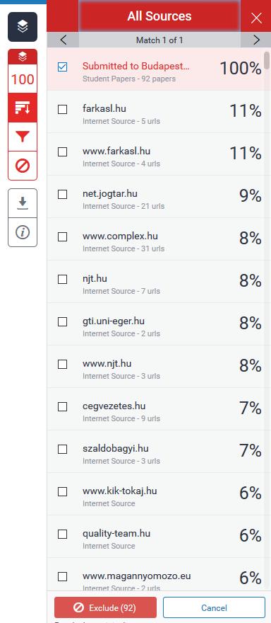 Források kizárása az értékelésből (konzulensi feladat) 1. A konzulens a kizárandó forrás jelölőnégyzetére kattint, ha az azonosság nem jelent plágiumot (pl.