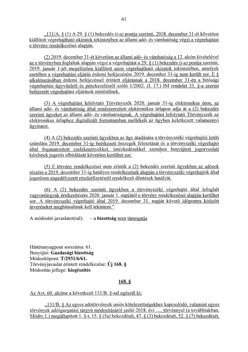 61,,131/A. (1) A 29. (1) bekezdés i)-u) pontja szerinti, 2018.
