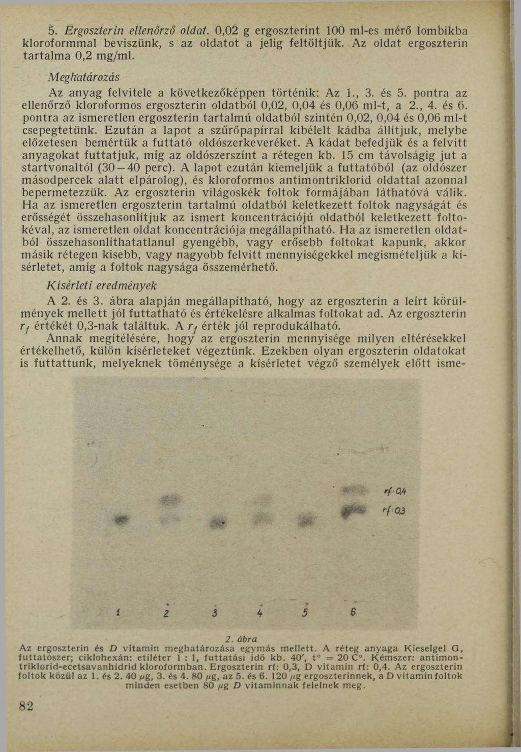 5. Ergoszterin ellenőrző oldat. 0,02 g ergoszterint 100 ml-es mérő lombikba kloroformmal beviszünk, s az oldatot a jelig feltöltjük. Az oldat ergoszterin tartalma 0,2 mg/ml.