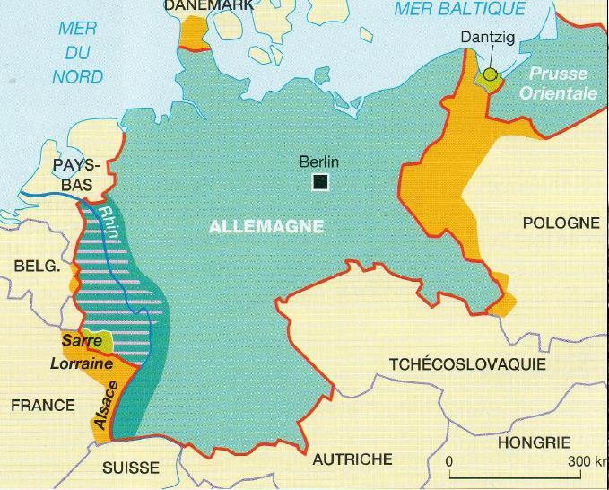 Diell 2: elfennoù Feur-emglev Versailles 28/06/1919 Rann 42,43: arabat eo da Alamagn mirout pe sevel difennoù àr ribl kleiz ar Rhin na àr ribl dehoù e kornôg ul linenn treset 50 km eus reter ar stêr.