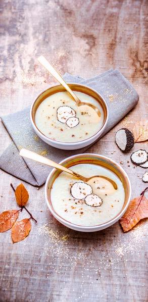 Endívia krémleves szarvasgombával Program Soup (Leves) 6 10 perc 30 perc 3 nagy (vagy 4 kicsi) endívia 1 burgonya 2 mogyoróhagyma 2 ek demerara cukor 600 ml víz 1 csirkehúsleves kocka Tengeri só Bors