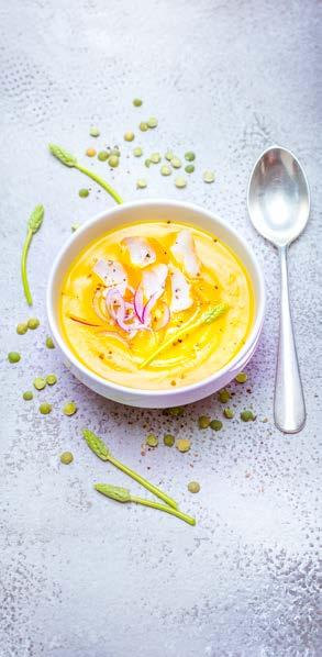 Sárgaborsó és csicsóka Velouté (leves) tőkehallal Program Soup (Leves) 6 20 perc 42 perc 500 g csicsóka 150 g sárgaborsó 700 ml víz 1 csirkehúsleves kocka 1 vöröshagyma 1 répa 50 ml tejszín 150 g