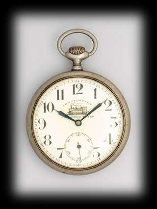 158. Zsebóra Chronometer Alpakka tokban, másodperckörös, arabszámos, festett zománc számlappal.